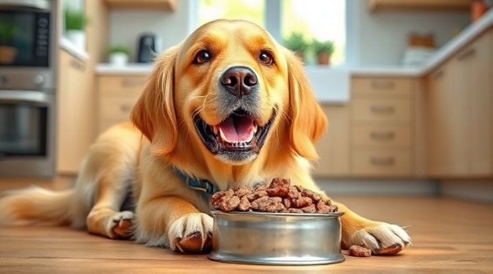 A happy golden retriever enjoying a bowl of raw dog food