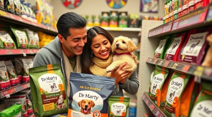 A happy family with their dog selecting Dr Marty dog food at a pet store
