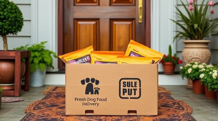 A delivery box filled with fresh dog food packages on a doorstep
