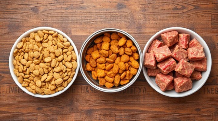 Various types of dog food displayed side by side for comparison