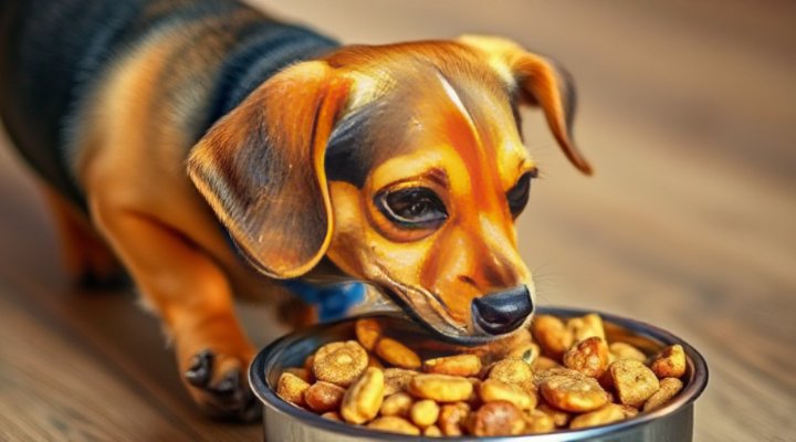 A small dog eagerly eating a mix of fresh and dry food