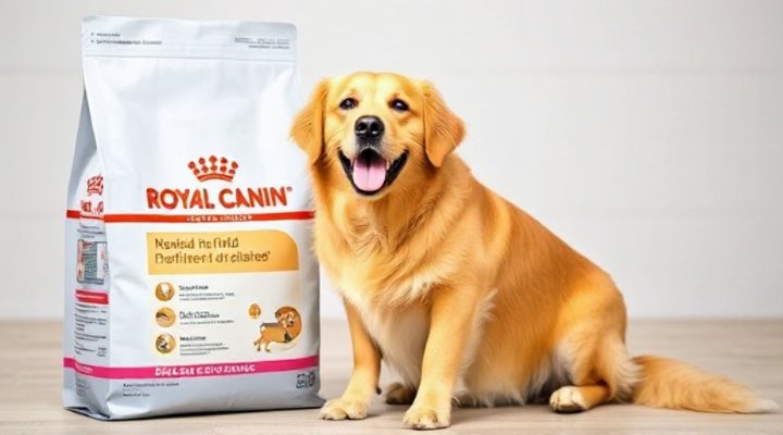 Royal Canin dog food packaging with a happy golden retriever