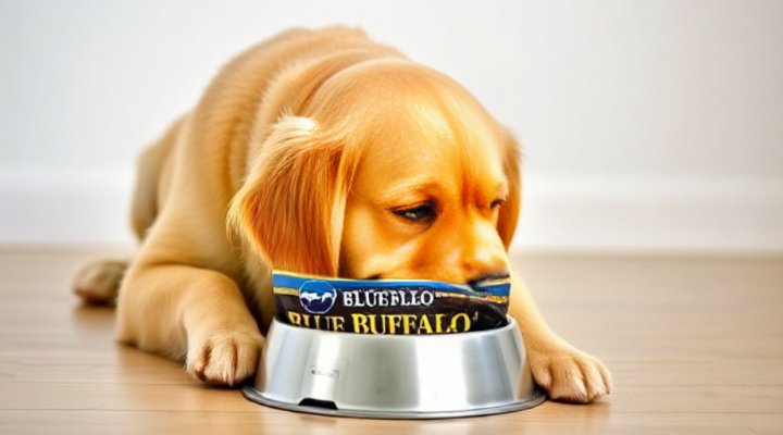 A happy golden retriever enjoying a bowl of Blue Buffalo dog food