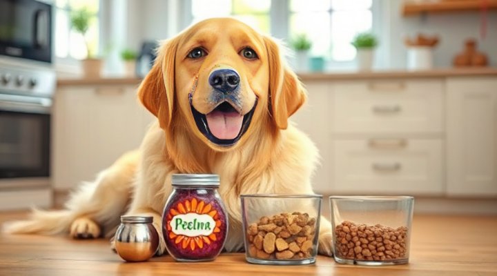 A happy golden retriever enjoying a bowl of fresh dog food