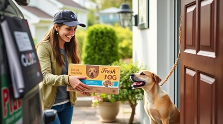 A delivery person handing a fresh dog food box to a happy dog owner