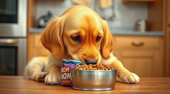 Golden retriever enjoying Nom Nom fresh dog food