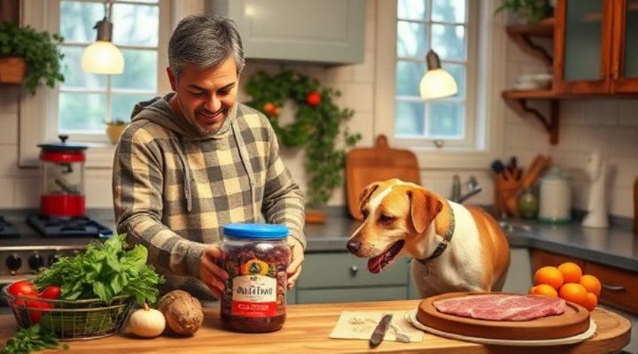 A caring pet owner preparing a balanced raw meal for their dog