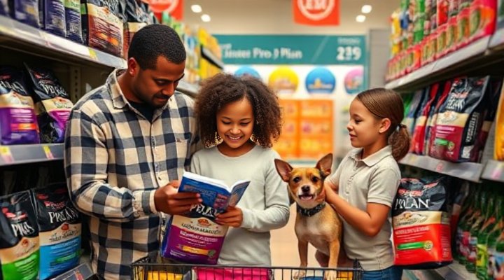 Family reading Purina Pro Plan labels in store