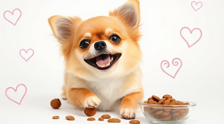 A small dog enthusiastically eating Dr Marty dog food