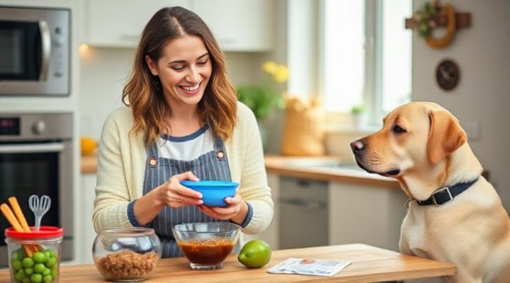 A loving owner preparing fresh dog food in the kitchen