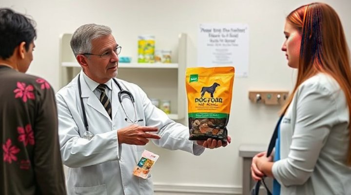 A veterinarian discussing fresh dog food options with a pet owner