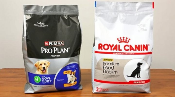 Side-by-side comparison of Purina Pro Plan and Royal Canin dog food bags