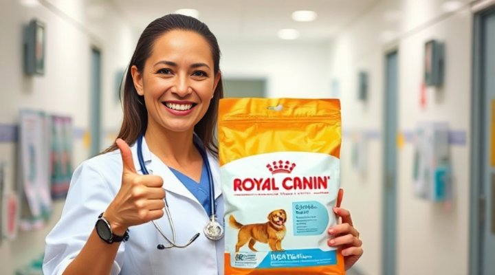A veterinarian holding a bag of Royal Canin dog food