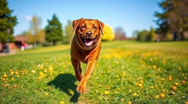 A healthy dog with a shiny coat playing in the park
