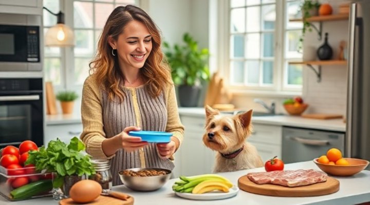 A loving owner preparing fresh dog food in the kitchen