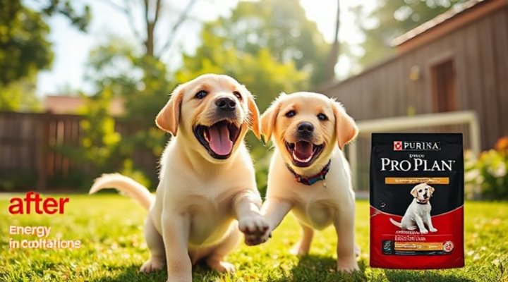 A playful puppy with its owner after a meal of Purina Pro Plan food