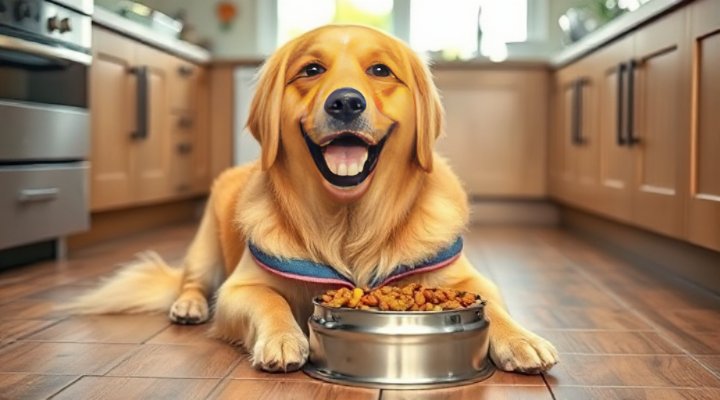 A happy golden retriever enjoying a bowl of fresh dog food