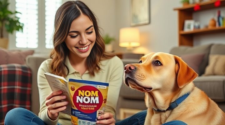 Pet owner examining Nom Nom dog food packaging