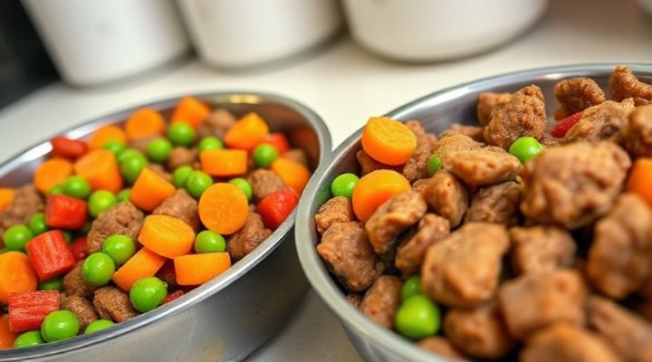 Close-up of fresh dog food ingredients being compared