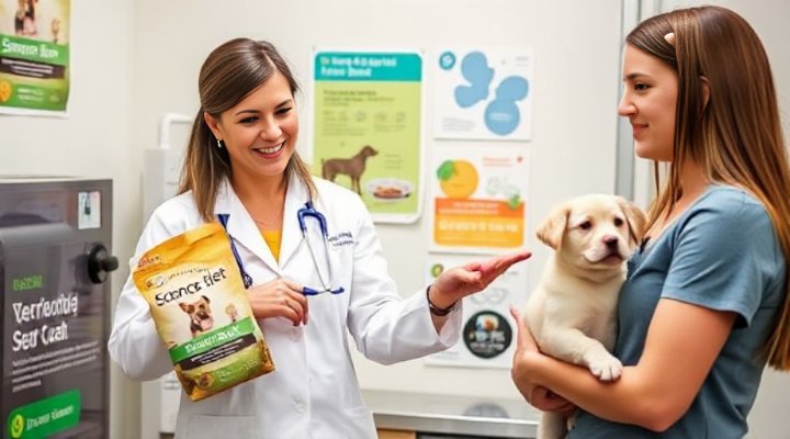A kind veterinarian explaining science diet dog food options to a concerned pet owner