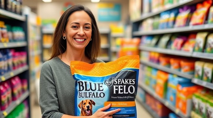 A loving pet owner selecting Blue Buffalo dog food at a store