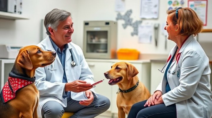 A veterinarian and a pet owner discussing dog food options