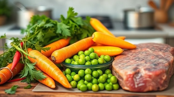 Close-up of fresh and organic ingredients used in dog food