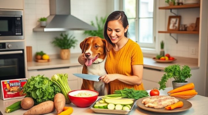 A person preparing fresh dog food in a kitchen