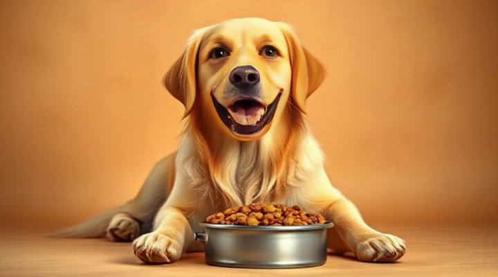 A happy golden retriever enjoying a bowl of fresh dog food