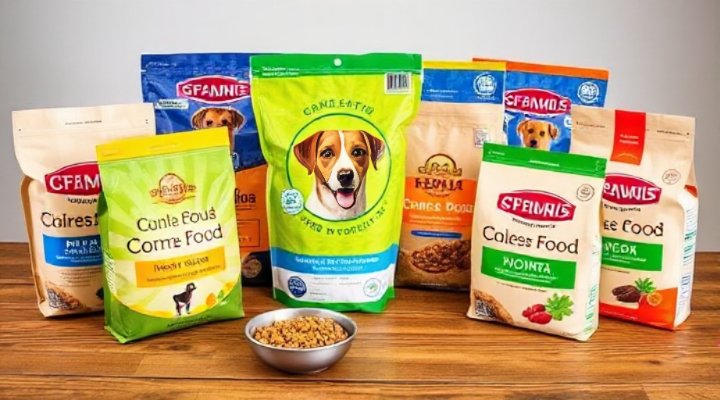 Assortment of top fresh dog food brands displayed on a table