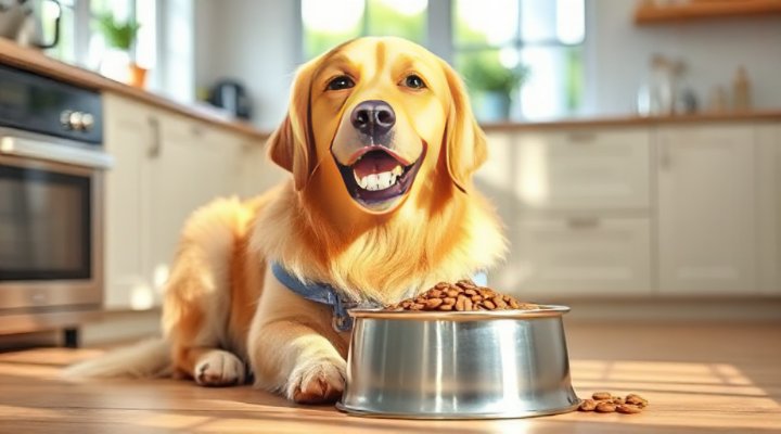 A golden retriever happily eating a bowl of high-quality dog food