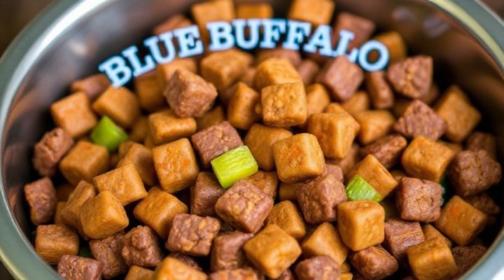 Close-up of Blue Buffalo dog food showing natural ingredients
