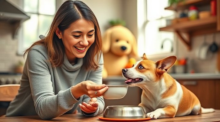 Owner lovingly feeding small breed dog Royal Canin