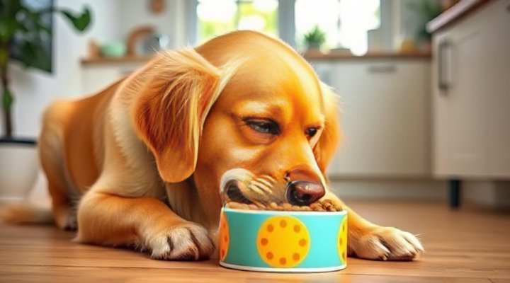 A happy golden retriever eating fresh dog food from a bowl
