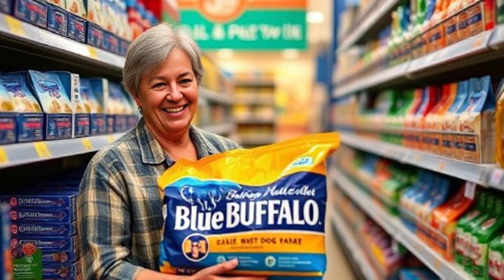 A caring pet owner selecting Blue Buffalo dog food at a store