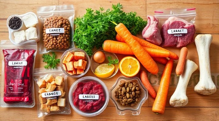 Fresh raw dog food ingredients including meat, vegetables, and bones