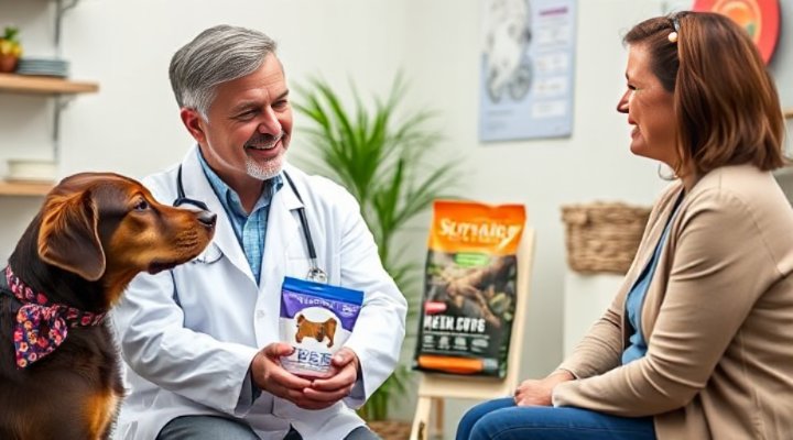 A veterinarian discussing dog food options with a pet owner