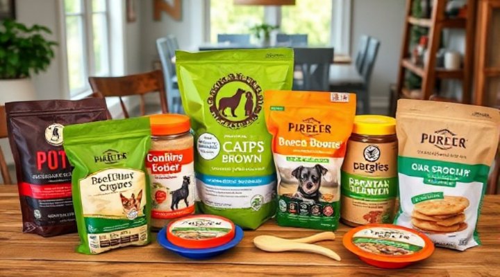 Assortment of top fresh dog food brands displayed on a table