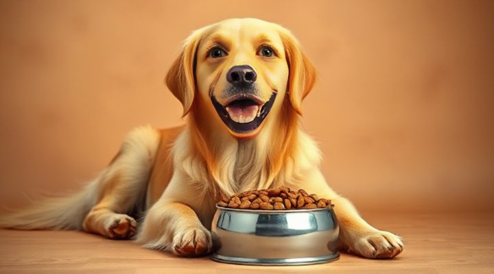 A happy golden retriever enjoying a bowl of fresh dog food