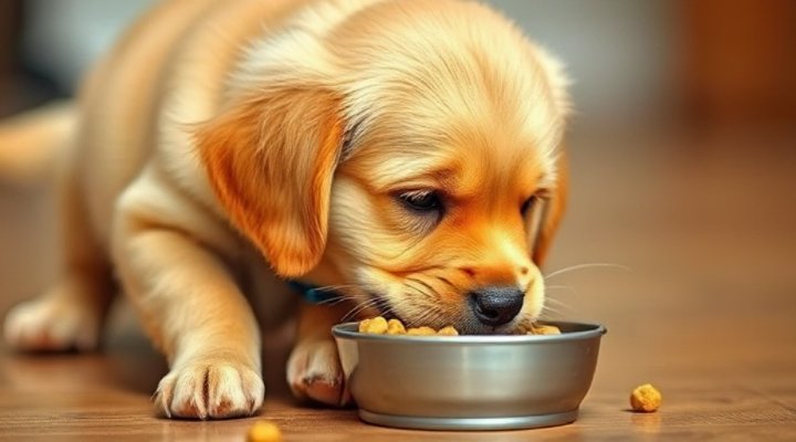 An adorable puppy eating food formulated for growing dogs