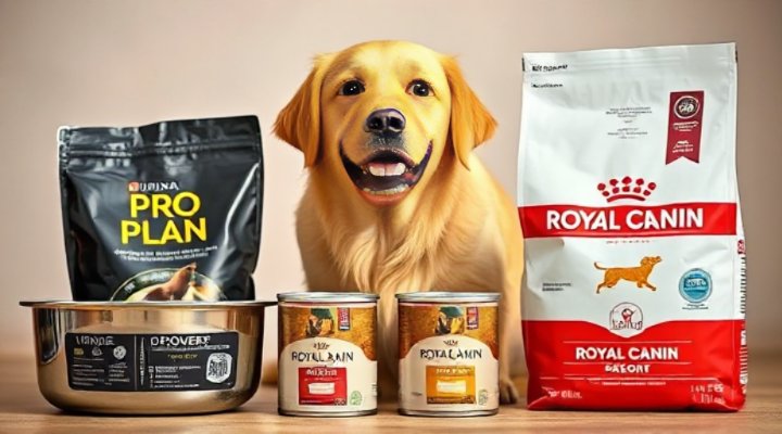 Dog deciding between two dog food brands