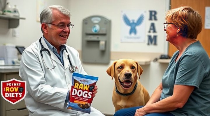 A veterinarian and pet owner discussing the benefits of a raw dog food diet