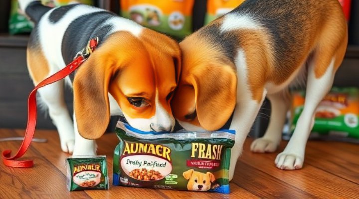A curious beagle sniffing a freshly opened package of dog food