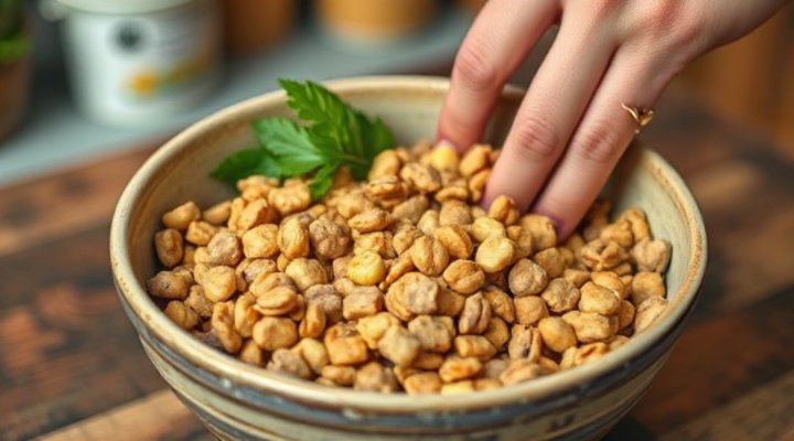 A hand mixing kibble with fresh dog food in a bowl