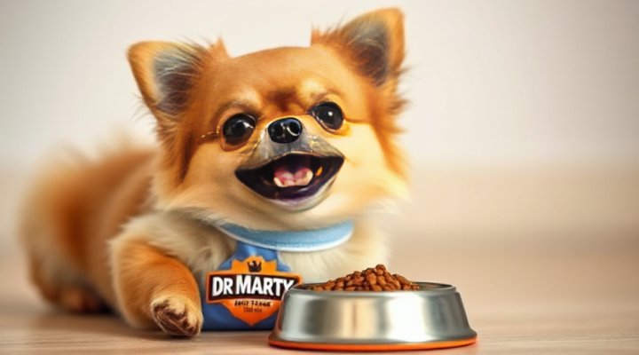 A small dog happily eating Dr Marty dog food