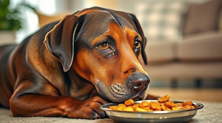 An older dog with a shiny coat eating fresh food