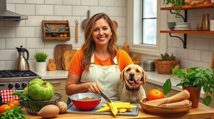 A loving pet owner preparing fresh dog food in the kitchen