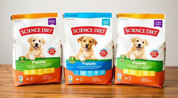 Side-by-side comparison of different science diet dog food packages for puppies