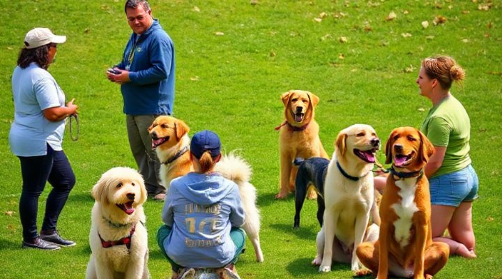 Group of dogs and owners participating in a training class outdoors