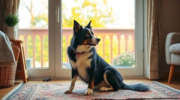 A focused dog ignoring a noisy distraction outside the window